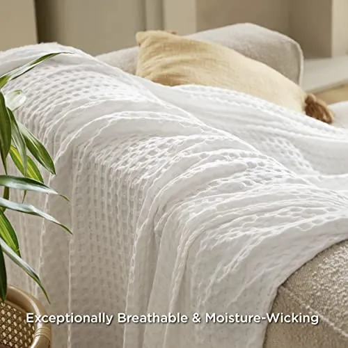 Bedsure Cooling Cotton Waffle Queen Size Blanket - Lightweight Breathable Blanket of Rayon Derived from Bamboo for Hot Sleepers, Luxury Throws for Bed, Couch and Sofa, Ivory, 90x90 Inches