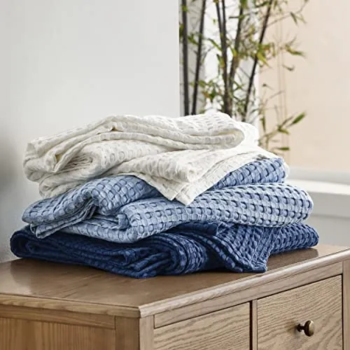 Bedsure Cooling Cotton Waffle Queen Size Blanket - Lightweight Breathable Blanket of Rayon Derived from Bamboo for Hot Sleepers, Luxury Throws for Bed, Couch and Sofa, Ivory, 90x90 Inches