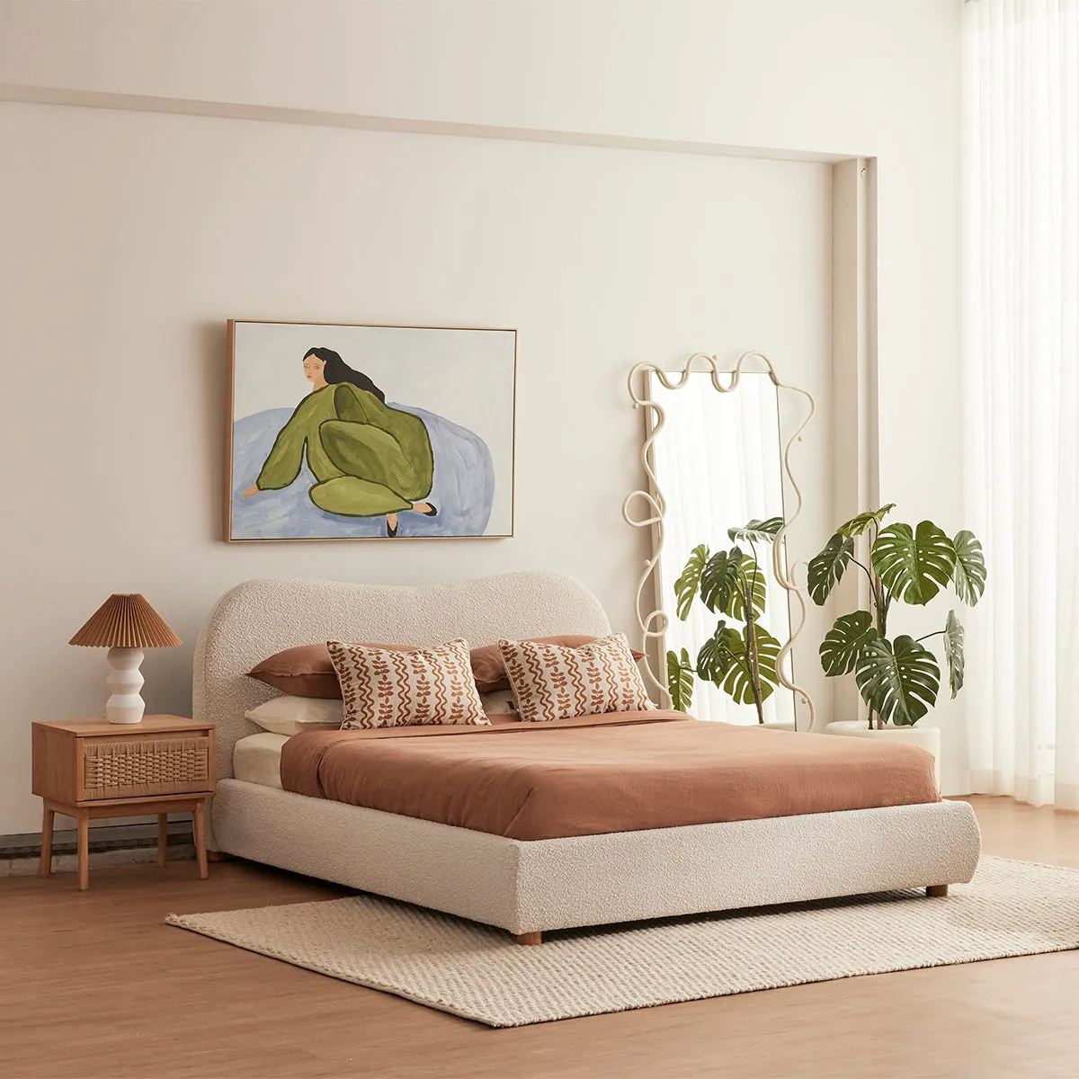 Cloud Boucle Queen Bed (Oak, Cream)