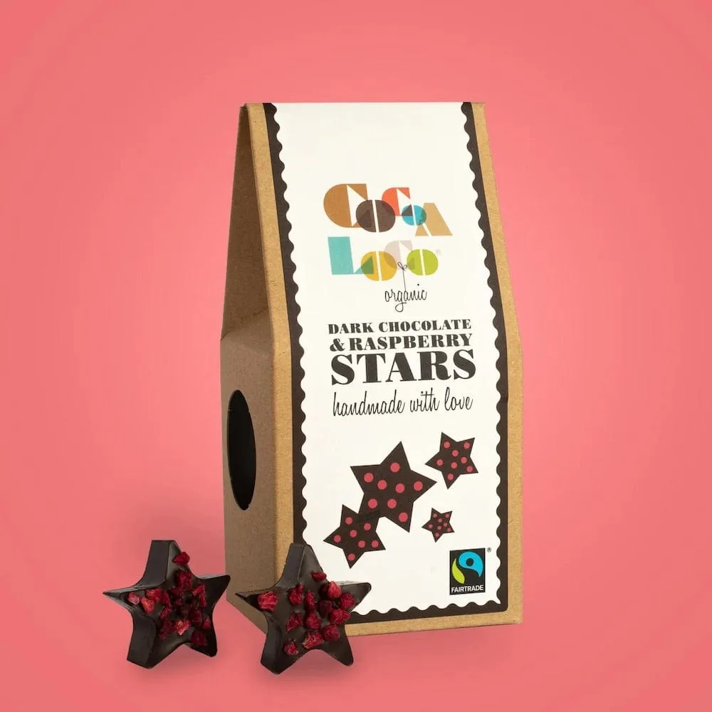 Cocoa Loco Dark Chocolate & Raspberry Stars 100g