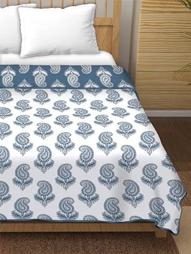 Dream Dwell 100% Pure Cotton Reversible Dohar/AC Blanket for Double Bed |All Weather Light Weight | Floral Design Dohar| Paisley Turkish Flower, Blue and White- Pack of 1