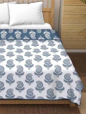 Dream Dwell 100% Pure Cotton Reversible Dohar/AC Blanket for Double Bed |All Weather Light Weight | Floral Design Dohar| Paisley Turkish Flower, Blue and White- Pack of 1