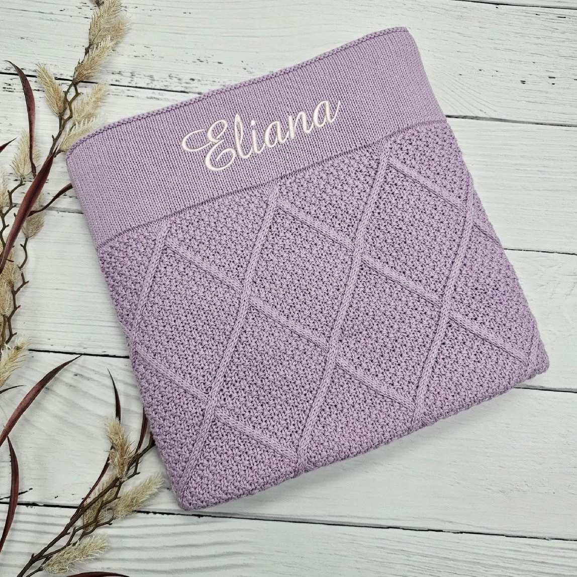 Lilac Personalised Diamond Knit Baby Blanket