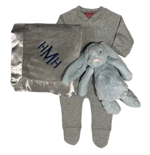 Melissa Masse Monogram Plush Blanket, Monogram Onsie & Jellycat set