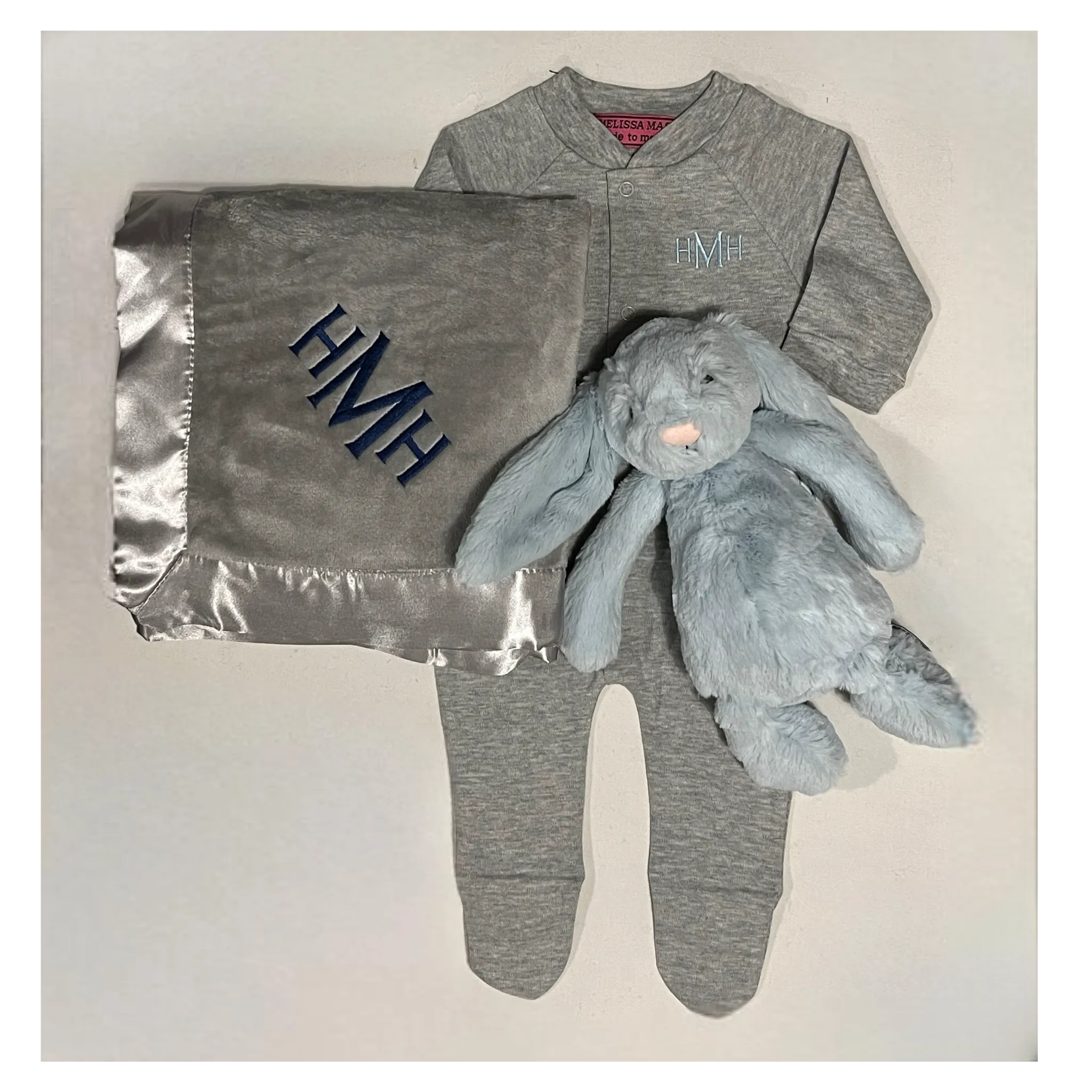 Melissa Masse Monogram Plush Blanket, Monogram Onsie & Jellycat set