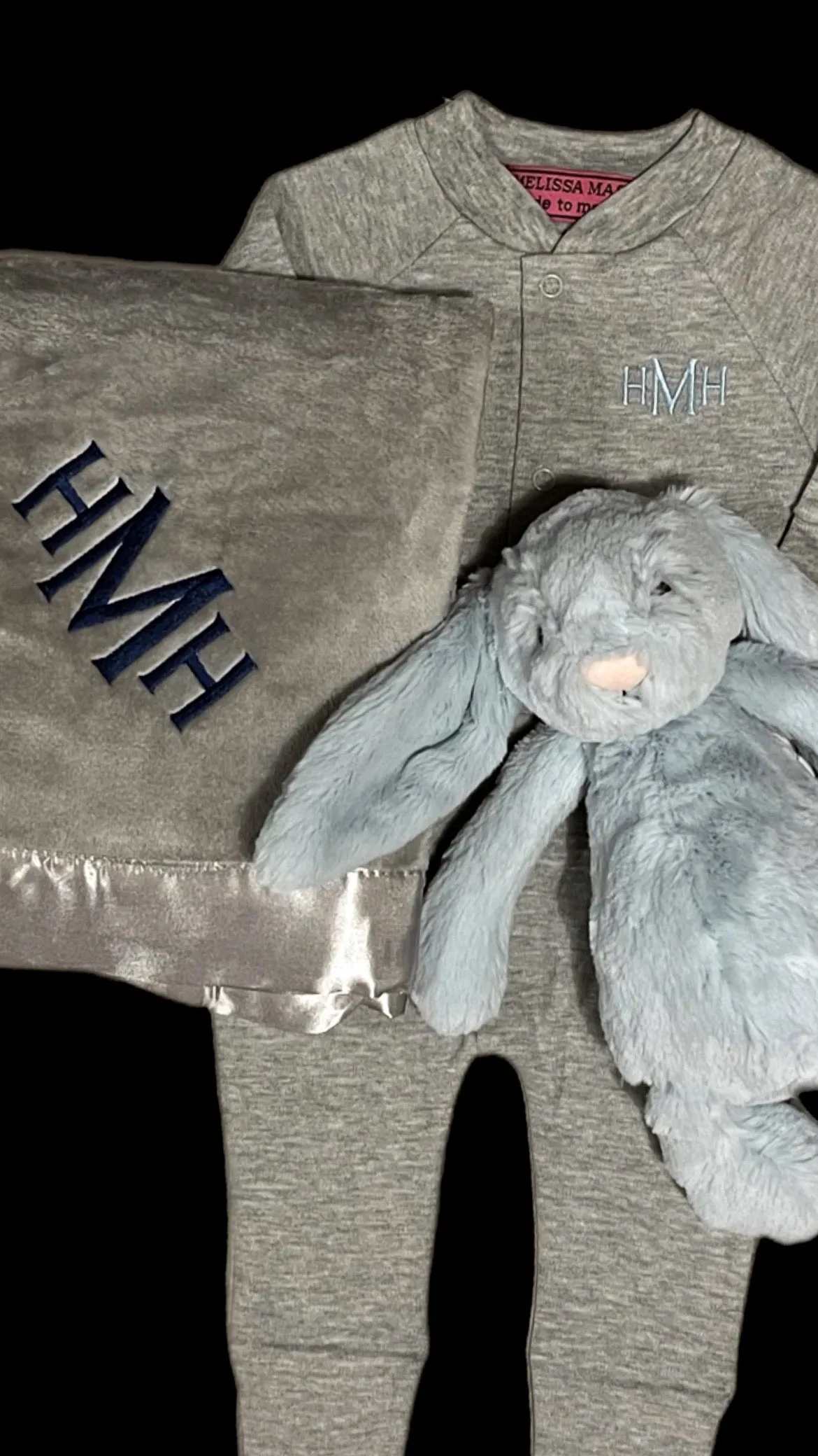 Melissa Masse Monogram Plush Blanket, Monogram Onsie & Jellycat set