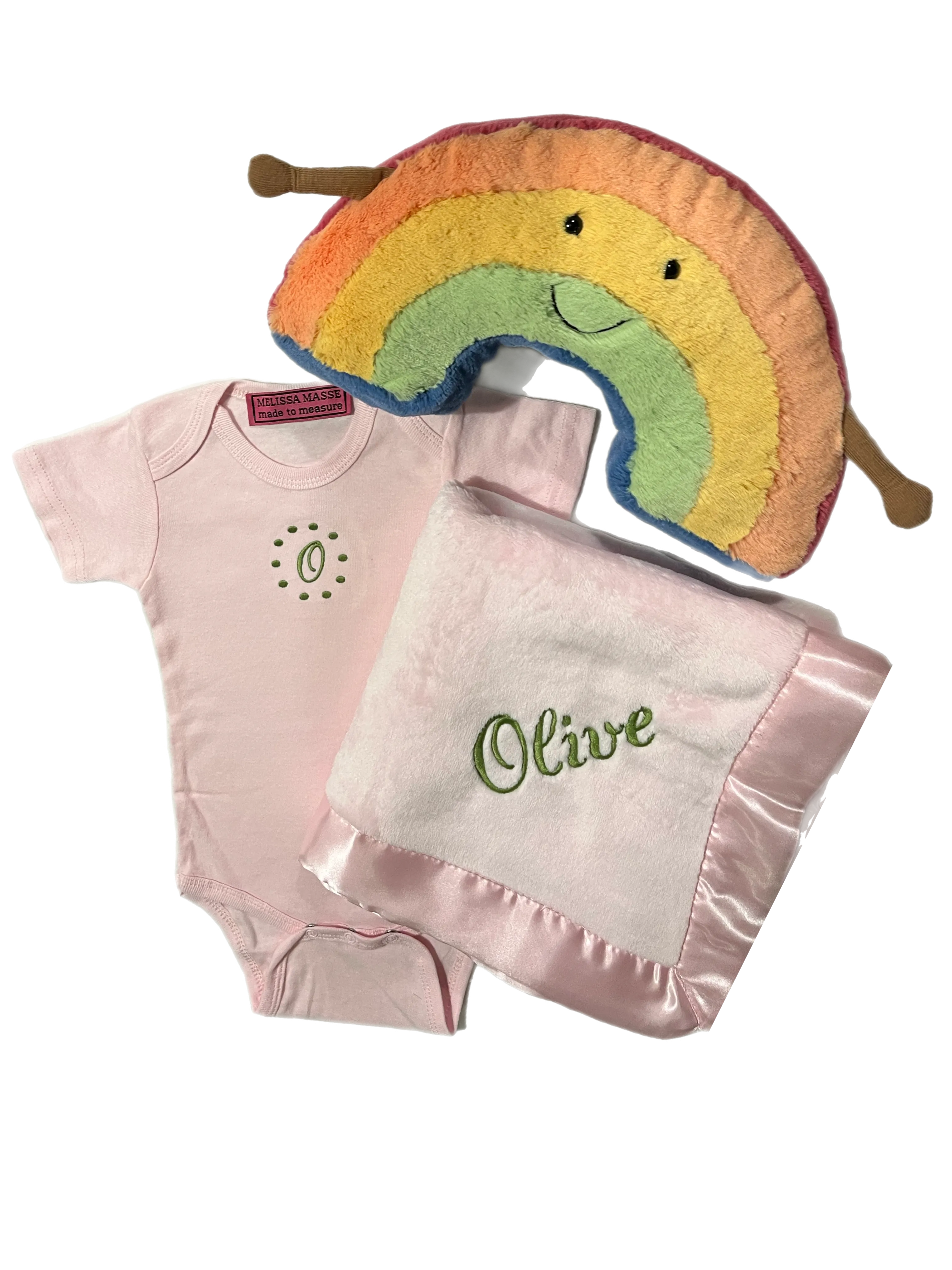 Melissa Masse Monogram Plush Blanket, Monogram Onsie & Jellycat set