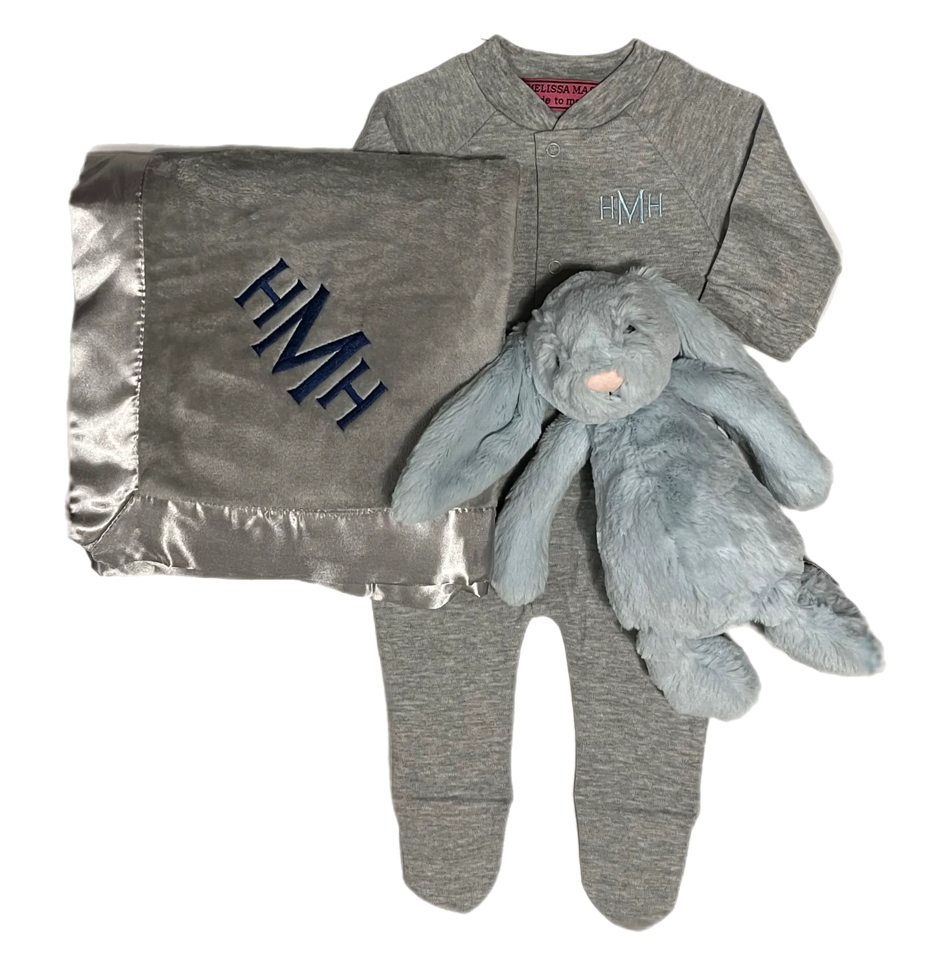 Melissa Masse Monogram Plush Blanket, Monogram Onsie & Jellycat set