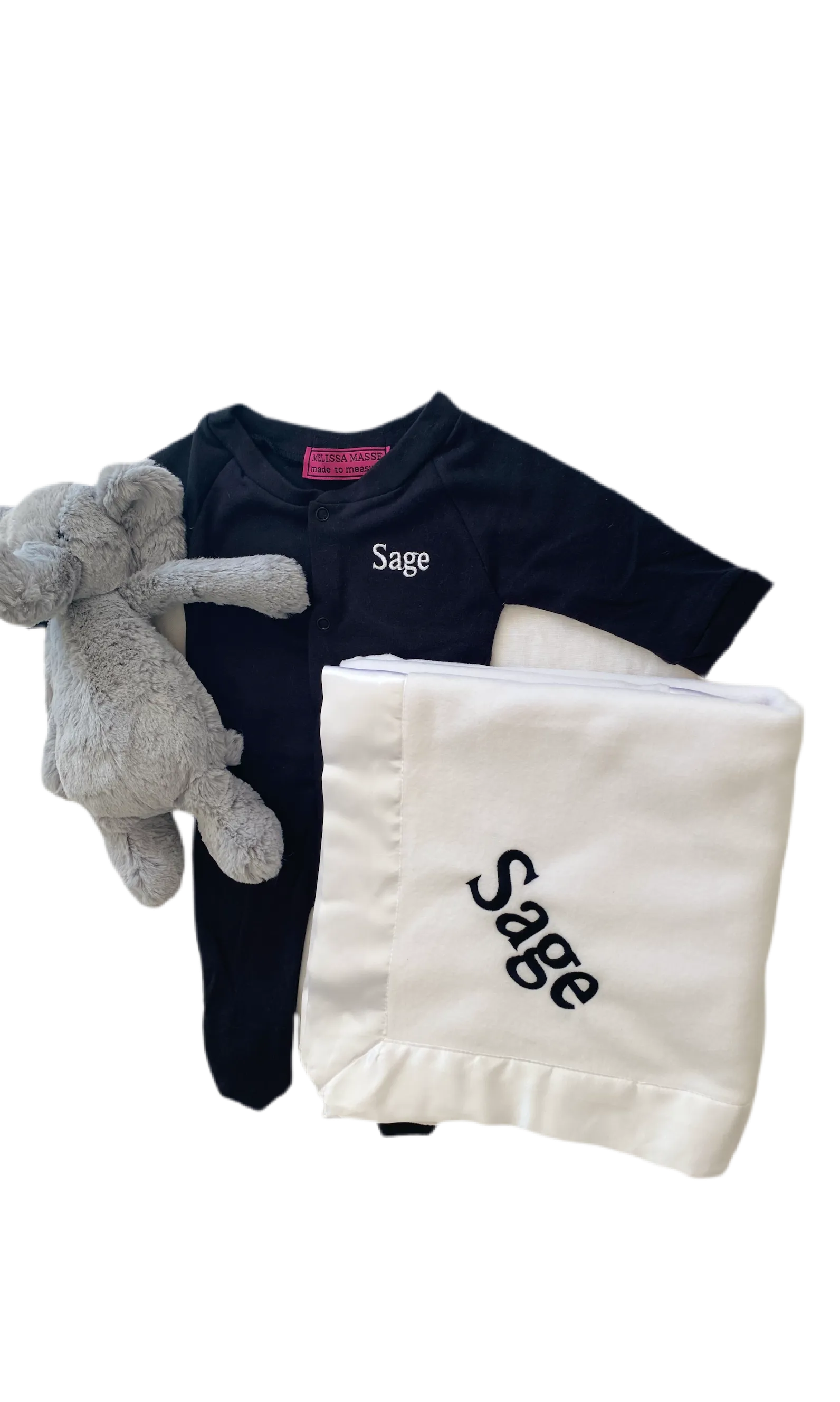 Melissa Masse Monogram Plush Blanket, Monogram Onsie & Jellycat set
