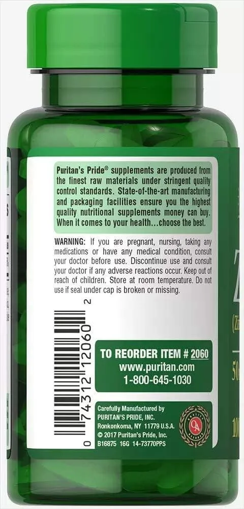 Puritan's Pride Zinc 50 mg-100 Caplets
