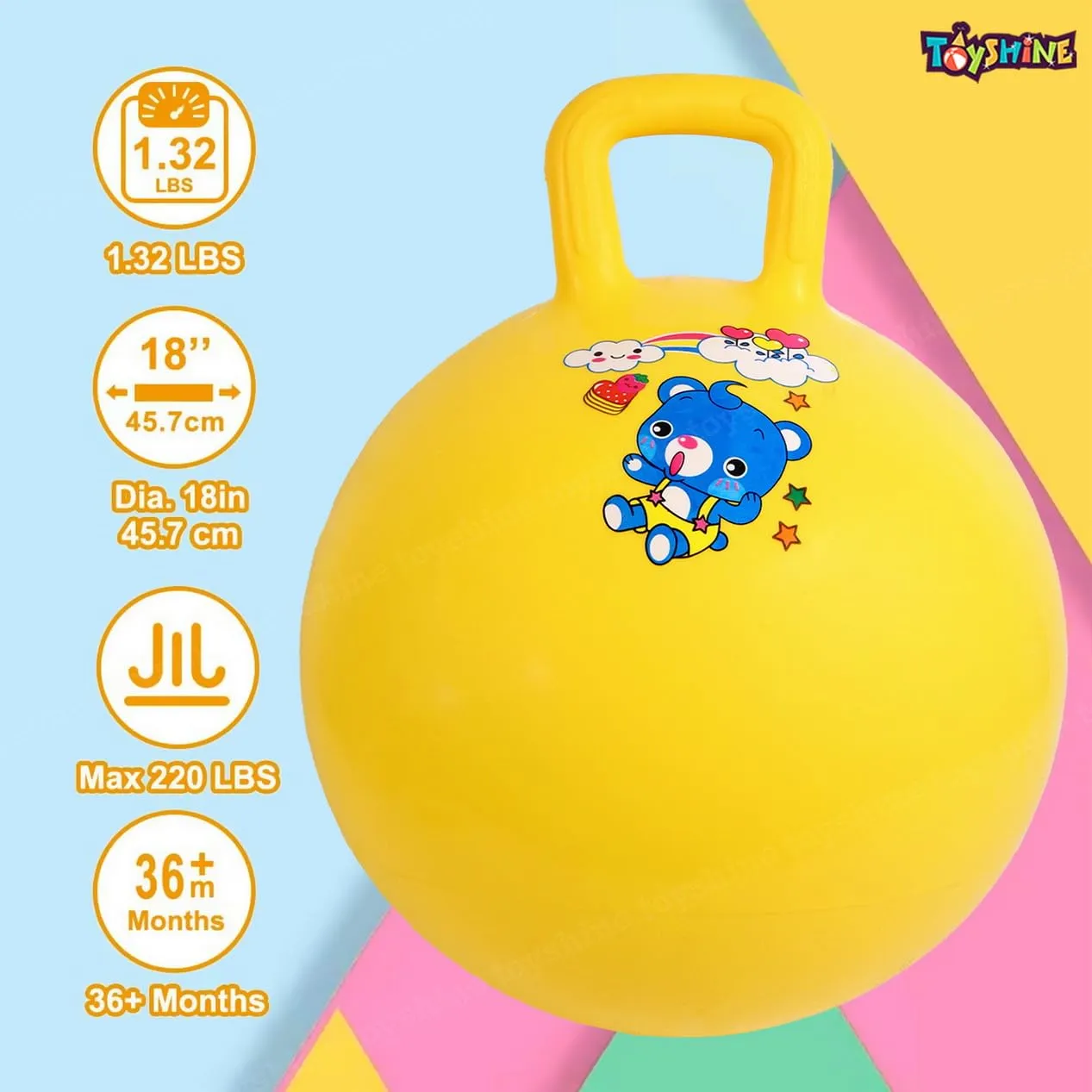 Toyshine Hopper Ball 45cm for Kids Ages: 3-6 Inflatable Hopping Balls Jumping Therapy Ball Toys Sit and Bounce Ball with Handle - Yellow